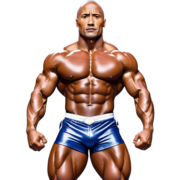 Dwayne Johnson, covered in oil, on stage at a Mr. Universe bodybuilding competition, striking a 'Side Triceps' pose. His defined muscles gleam under the bright lights, with the audience and judges in the background, capturing the intense focus and strength of the moment. Transparent background. emoji
