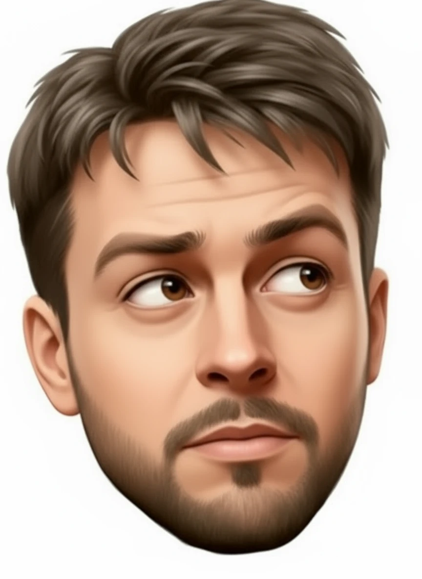 нарисуй точно такого же человека, с такой же эмоцией, но голова повернута в противоположную сторону, на право относительно зрителя,, пробор на голове как в оригинале, без фона emoji