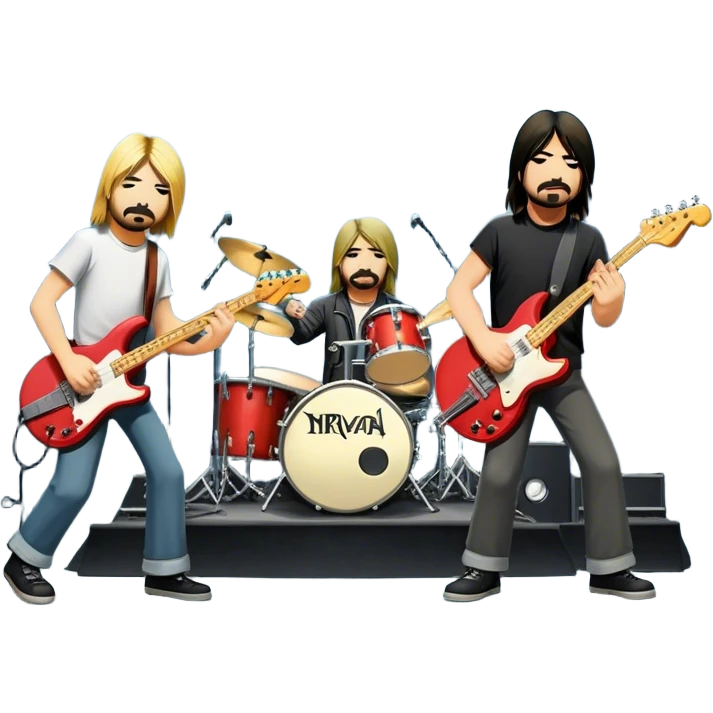 Icon for Rock Music: Nirvana performing on stage with Kurt Cobain on guitar and vocals, Krist Novoselic on bass, and Dave Grohl on drums. A grunge-inspired vibe with dynamic stage lighting and musical energy. Transparent background. emoji