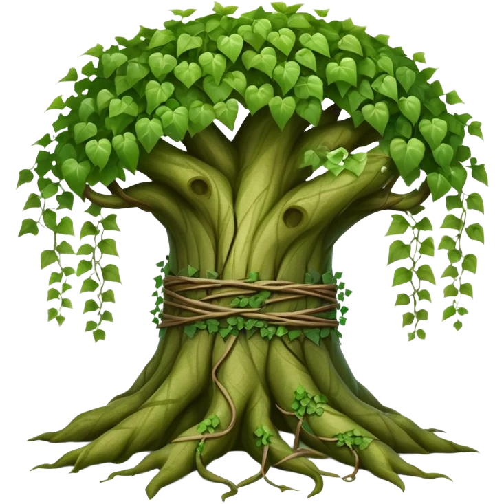 Tree with vines wrapped around trunk, ivy entwined tree emoji