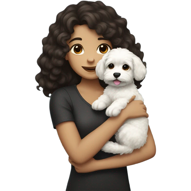 girl with wavy dark brown hair hugging a shi-poo puppy with black fur and white fur in the middle of his chest emoji