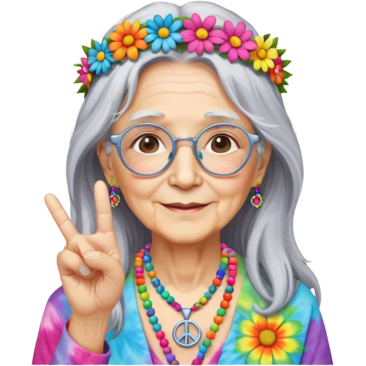 Elderly woman with long gray hair, peace sign necklace, colorful tie-dye clothing, round glasses, flower crown, hippie grandma emoji