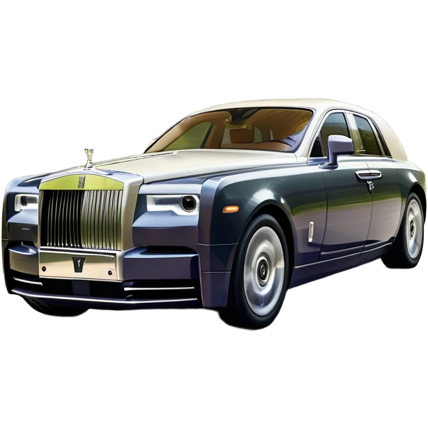 Rolls-Royce Phantom (2022) – cinematic-realistic Rolls-Royce Phantom emoji, its polished silver frame glistening under the sun as it glides down a winding, tree-lined road. The iconic Spirit of Ecstasy hood ornament stands proudly, the V12 engine hums silently  emoji