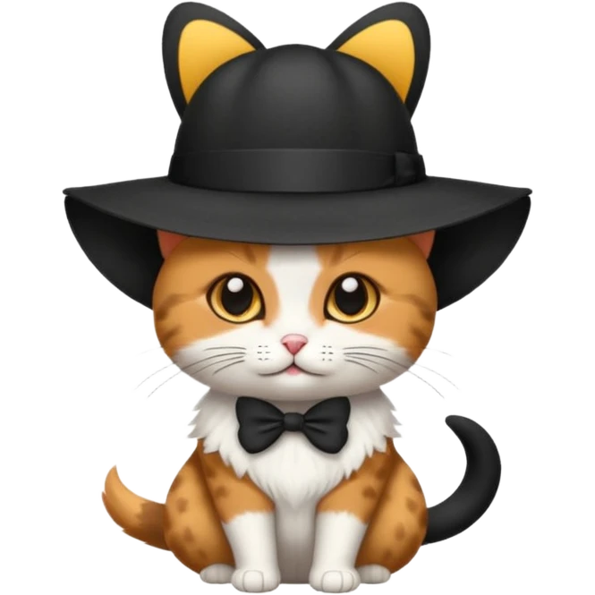 Chat blanc avec des tâches noir en costume, neud papillon et chapeau. emoji