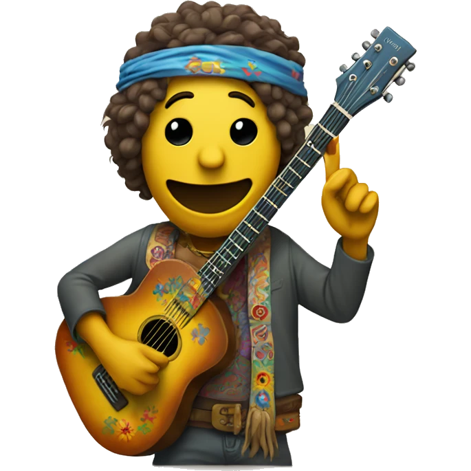 anthropomorphic hippie-guitar showing a sign of peace emoji