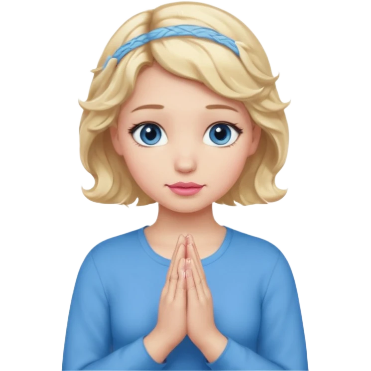 Girl Blonde short wavy hair,  blue eyes, cute blue top, long lashes, pink lips, praying hands emoji