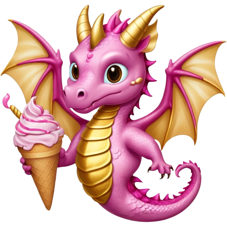 A dragon with its shiny glittered wings in pink tones and pink and gold legs, eats vanilla and chocolate ice cream emoji