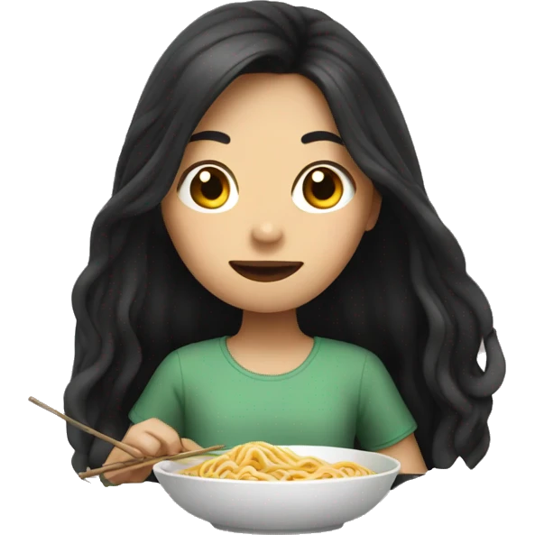 Girl with long dark hair eating noodles emoji
