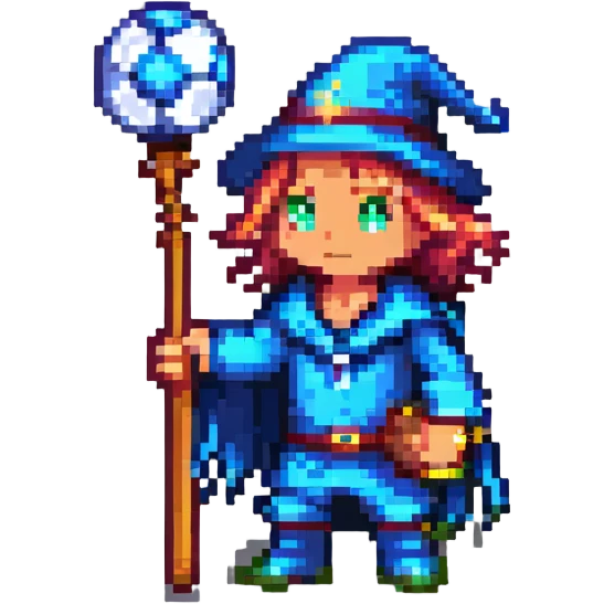 pixel art of a soccer player with a wizard staff and magical aura emoji