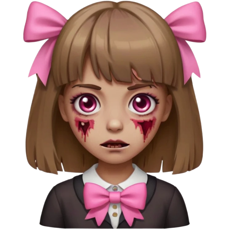 zombie girl with bangs, medium light brown hair and a pink bow, emoji style emoji