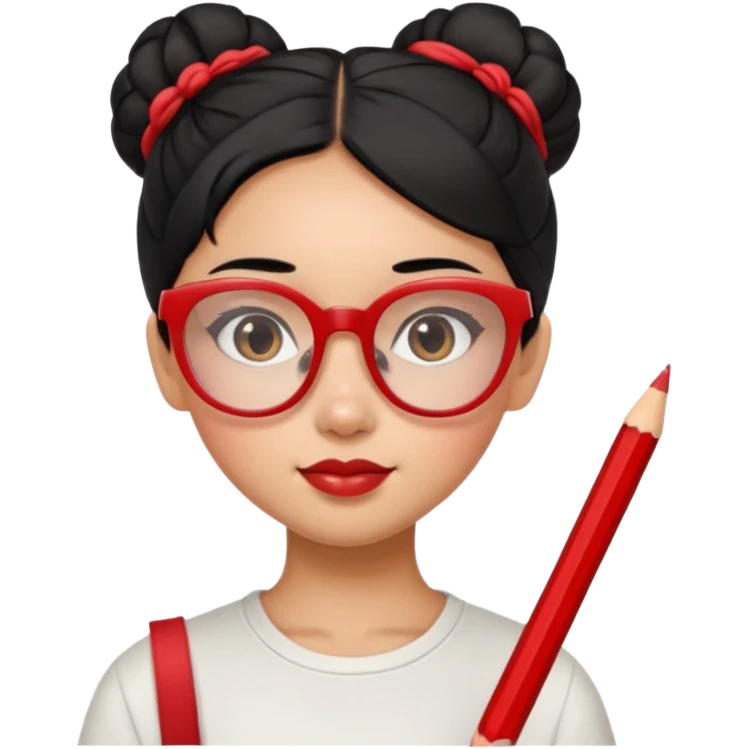 Morena girl with black hair that's in a bun style, with a pencil holding the bun in place. she has a cute rectangular red glasses emoji