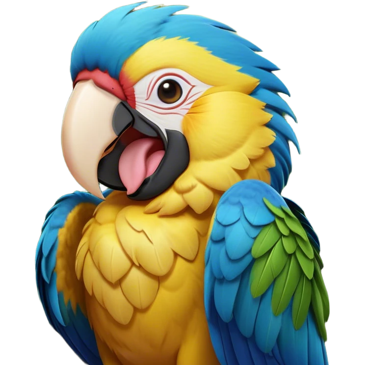 Cinematic Cute Yawning Macaw Portrait Emoji, Head tilted slightly with a dramatic, wide-open yawn, showcasing resplendent feathers and sleepy, half-closed eyes brimming with relaxed elegance, Simplified yet irresistibly adorable features, highly detailed, glowing with a soft, cozy tropical glow, high shine, relaxed yet expressive, stylized with a hint of whimsical charm, soft glowing outline, capturing the essence of a drowsy yet affectionate macaw that appears ready to stretch out for a nap! emoji