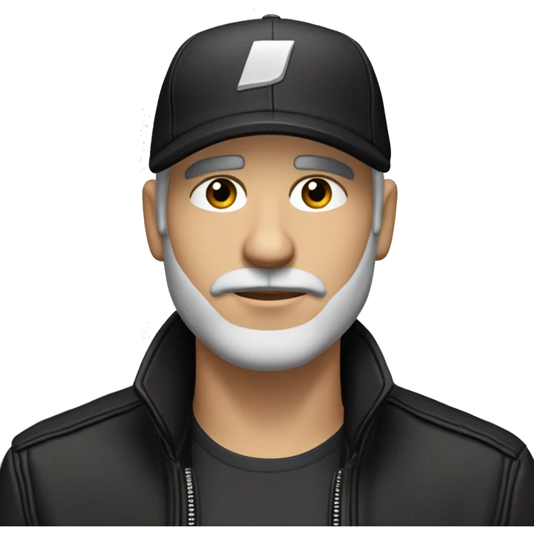 An adult white skin portrait of male with stubble and a slightly gray beard, brown hair, black eyes, wearing a black Reebok cap with a round emblem on his head, and a black leather jacket and stand collar. emoji