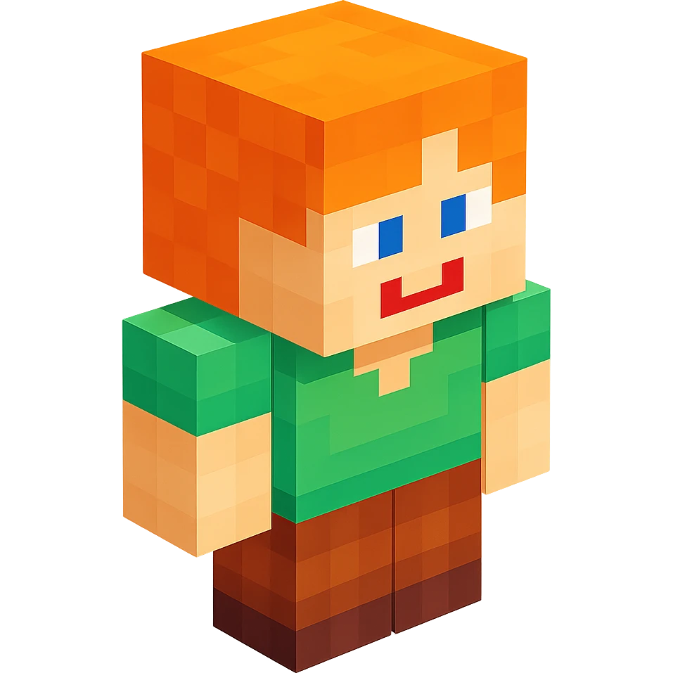 Alex from Minecraft, 3D blocky voxel style, orange hair, green shirt, brown pants, facing forward, smiling expression, classic Minecraft look emoji