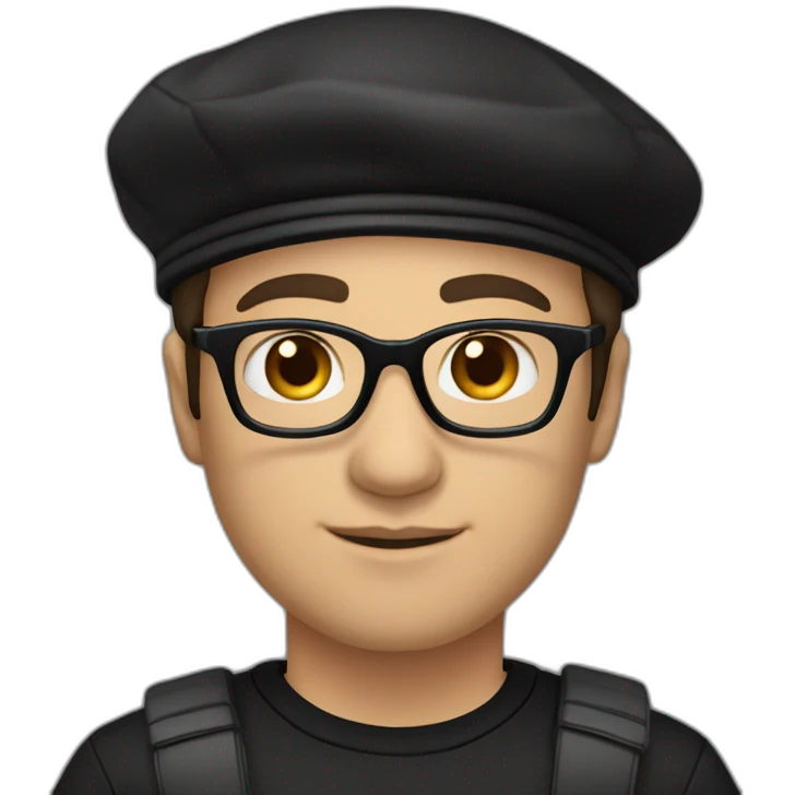 drummer, man, caucasian, black hair, wearing a black beret, glasses, and black t-shirt emoji