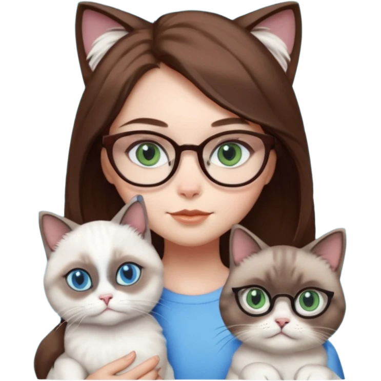 O data cu parul saten ,ochii griji-albastrii ,ochelari și codițe de pisica ..și langa o pisicuță alba pufoasa ,cu ochii verzi și o a doua pisica siameza pufoasa cu capul maro -negru și coada ,restul corpului un maro deschis spre alb  , ochii albaștrii  emoji
