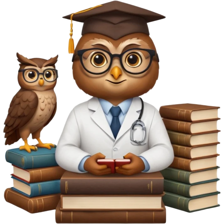 Wise owl with glasses, wearing a lab coat, perched on a stack of books. emoji