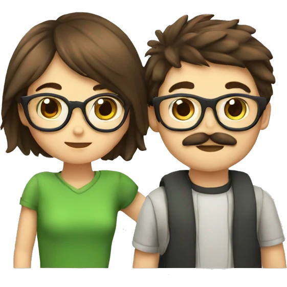 A boy with brown hair and a mustache is kissing a green haired girl wearing glasses emoji