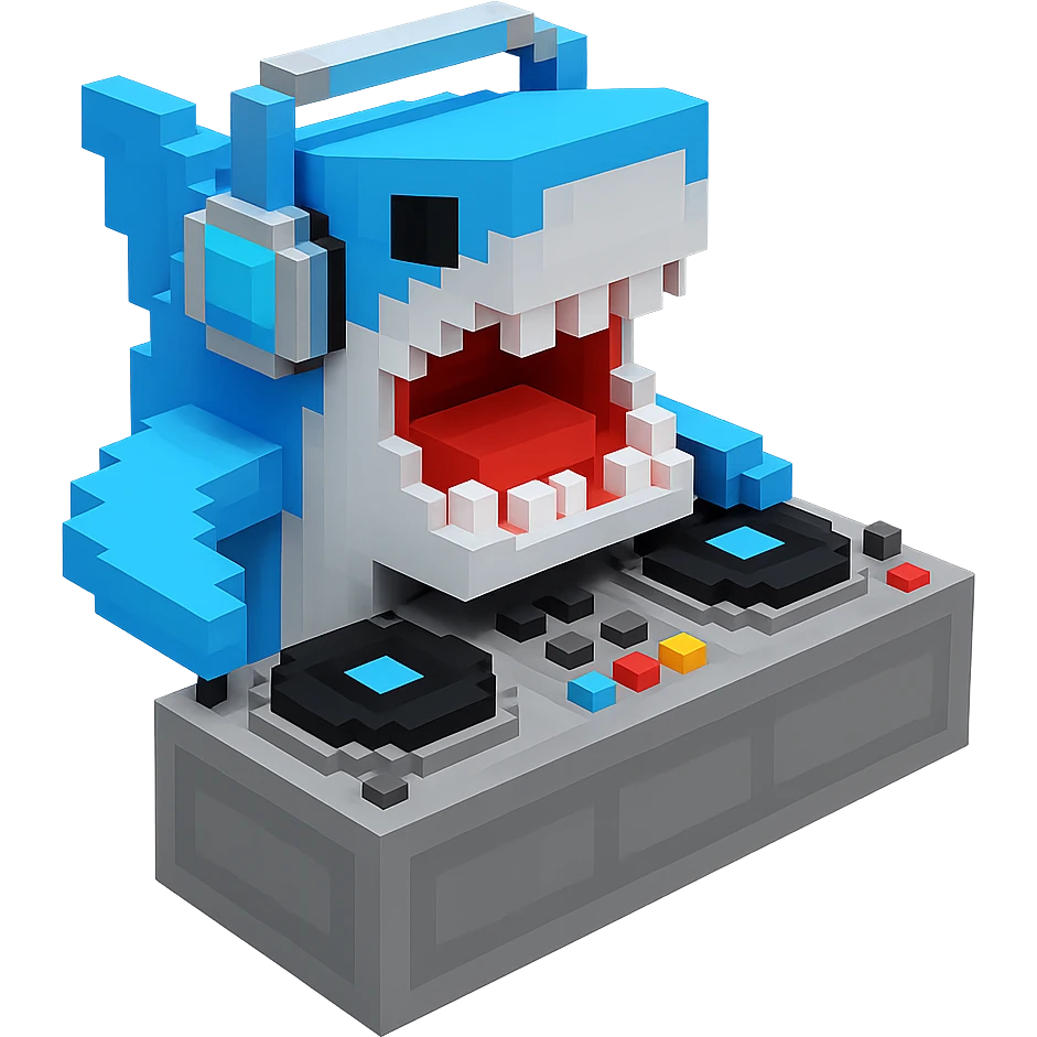 voxel style shark with dj set, open mouth, blocky, blue and silver, no background emoji