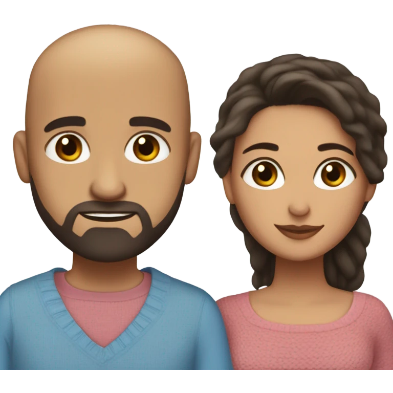 Comforting hug from brunette Puerto Rican with dark brown eyes wearing a cute blue top to short, bald man with brown eyes and a beard wearing a sweater emoji
