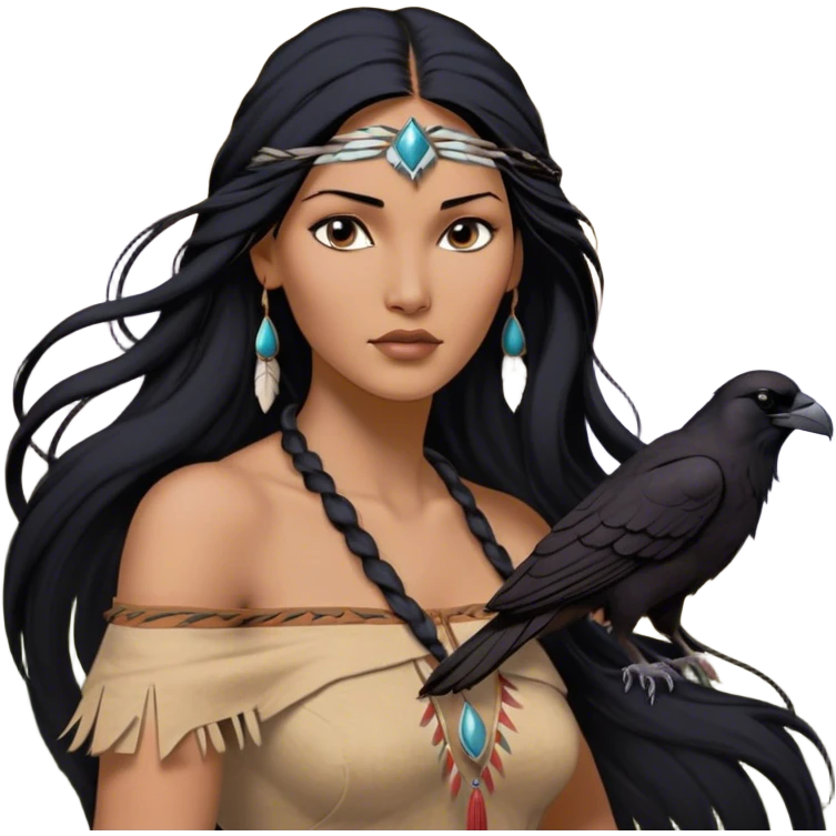 Cinematic Realistic Pocahontas Portrait, depicted with lifelike skin texture, soft natural lighting, and intricately detailed long, flowing raven-black hair that moves gracefully in the wind. Her deep, soulful dark brown eyes exude wisdom and strength, complemented by a serene yet powerful expression. She is dressed in her classic one-shoulder native american dress, with rich fabric textures and delicate beaded details that catch the light beautifully. The portrait features a soft, sun-kissed glow with a natural, radiant finish, capturing the essence of untamed beauty and deep connection to nature in a realistic and painterly style, evoking a sense of depth and authenticity. emoji