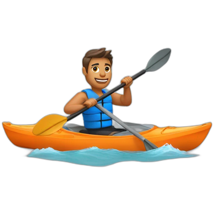 fit man paddling a kayak, orange kayak, front perspective, visible water emoji