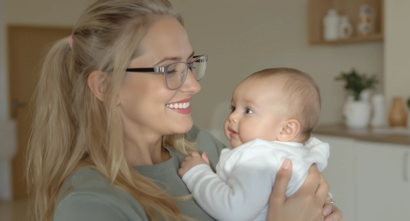 Cinematic still, Proffesional advertising of a smiling european white woman with glasses smiling holding baby, minimalistic ophthalmologist interior in background, leading  lines, "rule of thirds", 60/30/10 colors, soft light, warm colors emoji