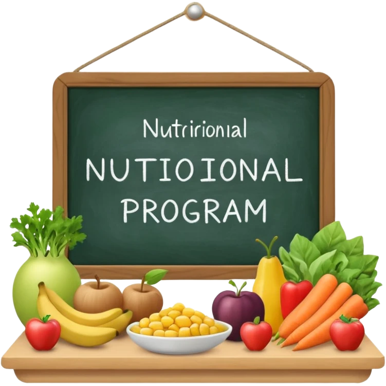 Il programma nutrizionale in studio con alimenti e una lavagna con scritto programma nutriizonale emoji