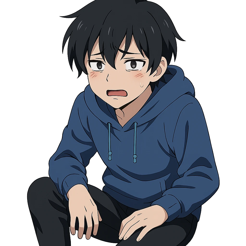 anime character with black hair, blue hoodie, black pants, hurt expression emoji