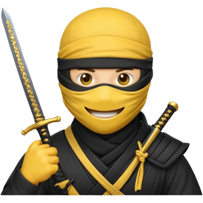 Make a customized yellow head emoji with hands and holding a sword in a ninja face mask emoji
