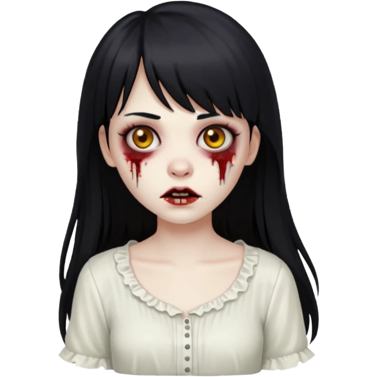 Um emoji de uma menina zombie de blusa branca num fundo preto de cabelo longo e preto e franjinha emoji