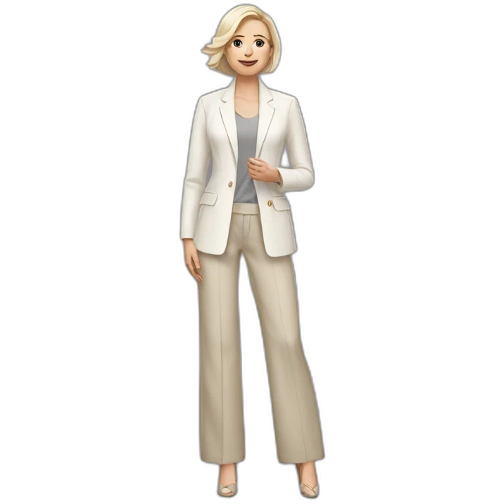 Full height Actively gesturing with hands pale skin woman with ash blonde Straightened bob Hair, White Spacious classical jacket, beige palazzo Arrow pants and gray blouse emoji