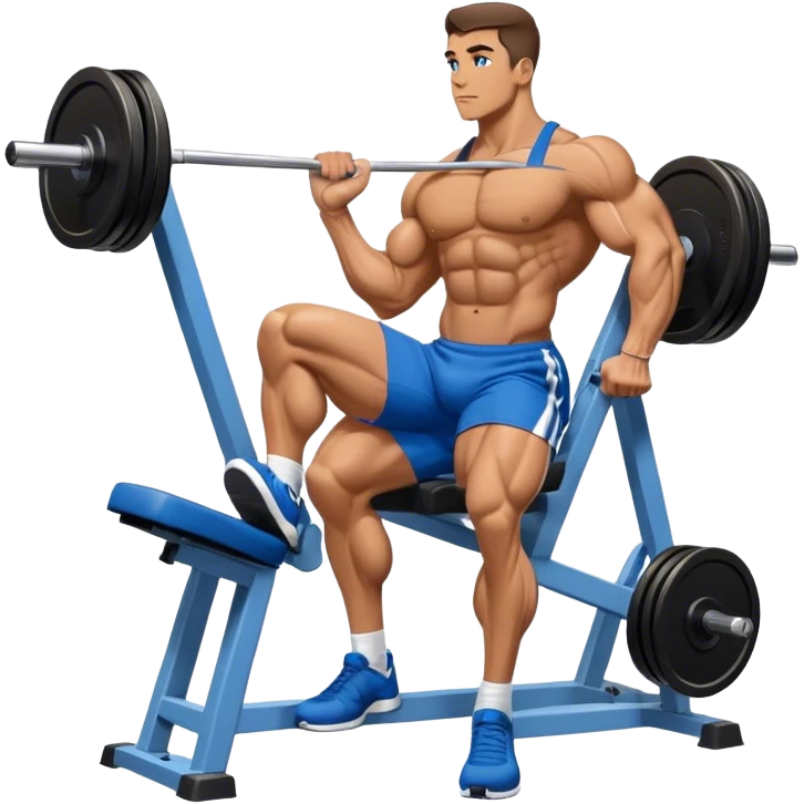 side-view bodybuilder in blue shorts seated weighted calf-raise machine on his tip toes emoji
