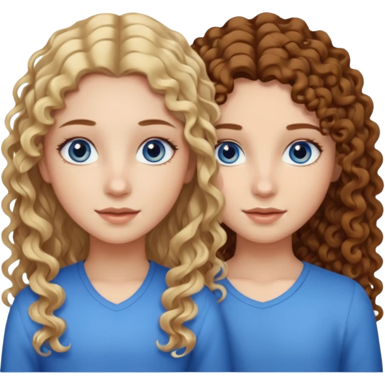 sisters, one has brown eyes, long curly brown hair, the other one has straight blond hair and blue eyes emoji