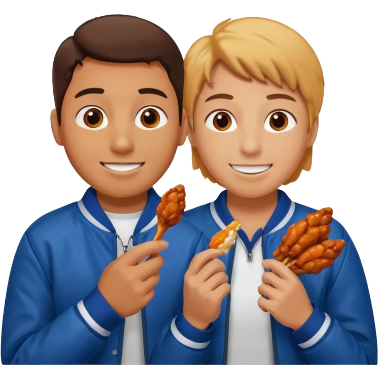 Human eating a chicken wing while watching hockey wearing a jacket with his friend smiling beside him. emoji