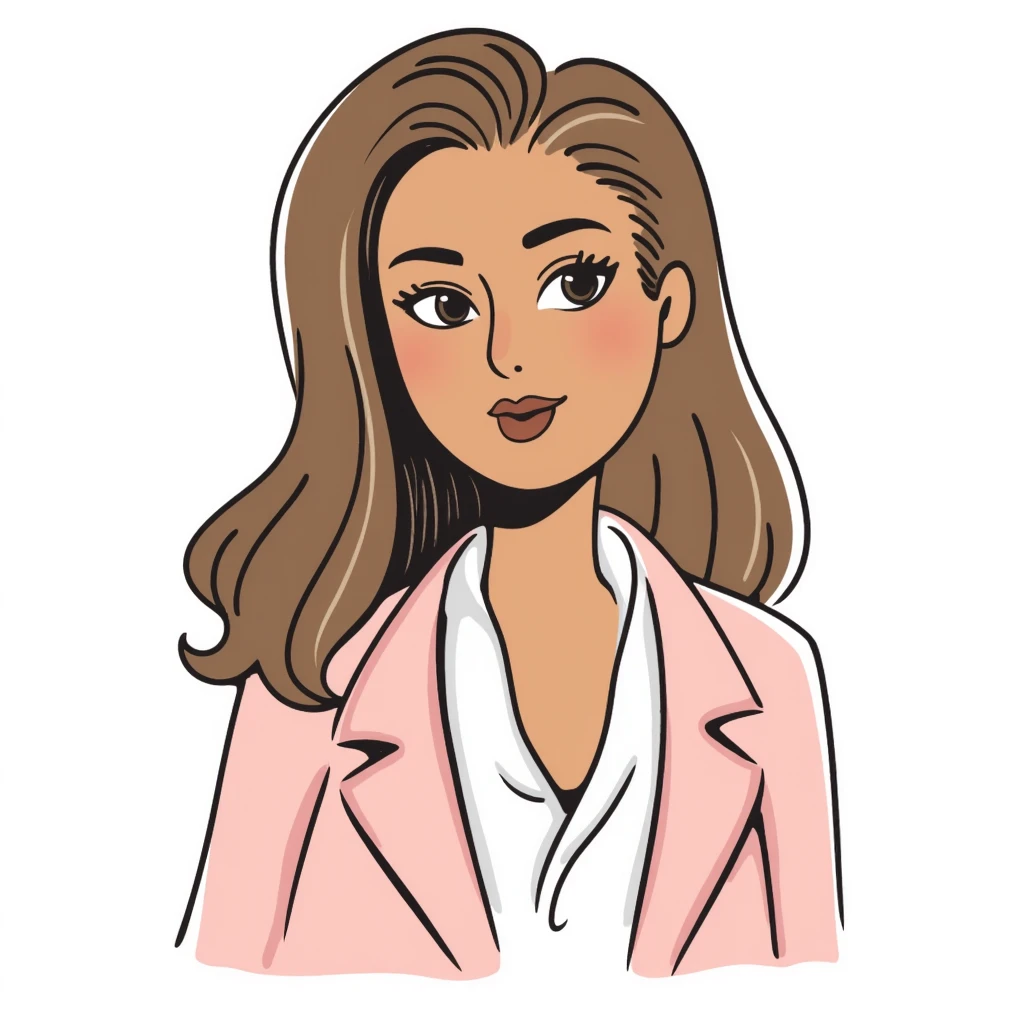 A 30-year-old woman with tanned skin, light brown long wavy hair with curled ends, delicate face, almond-shaped eyes with smoky foxy eye makeup, brown eyes, wearing a light pink elegant blazer and white satin cowl neck blouse with thin straps emoji
