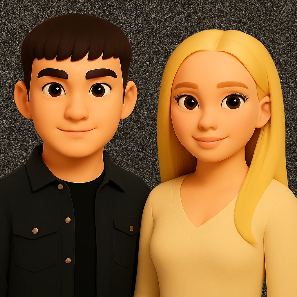 Make the people in the image stand slightly farther apart from each other while preserving the original style and background. emoji
