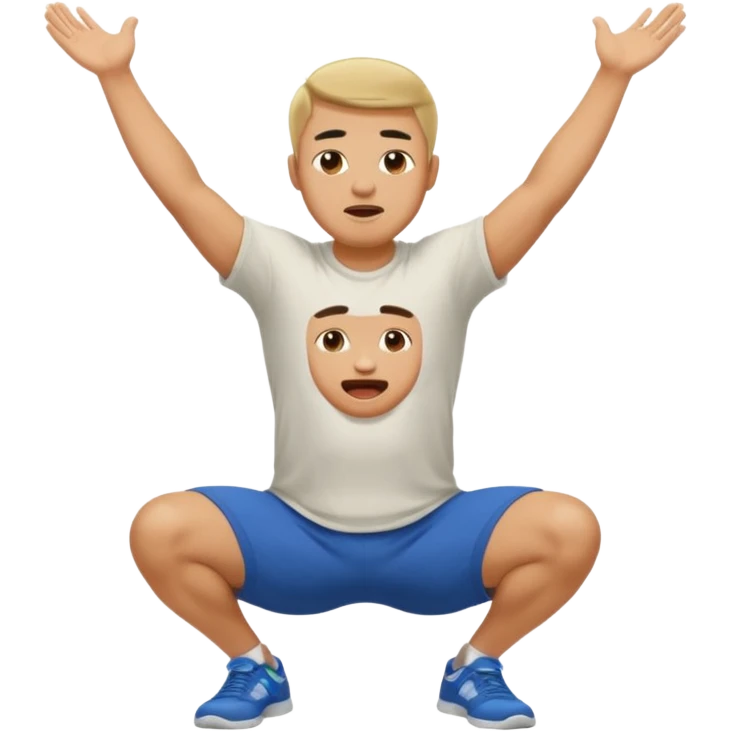 Make a normal wieght guy facing forward squatting with a t-shirt on and his hands up and his mouth open emoji