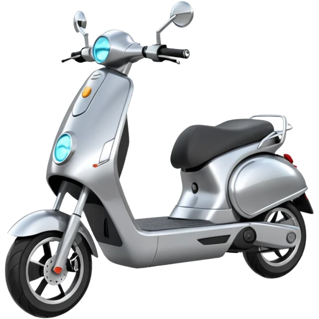 A futuristic electric scooter emoji made of silver chrome, sleek minimal frame, smooth metallic surface, subtle reflections, modern urban design, iOS emoji style, centered, clean white background emoji