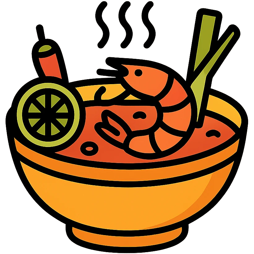 tom yum soup, steaming bowl with shrimp, lemongrass, chili, and lime, vibrant colors, appetizing, icon style emoji