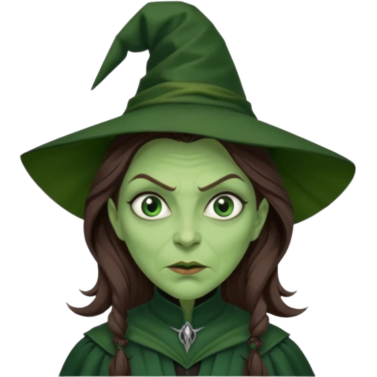 Wicked Witch of the West from the Wizard of Oz with green skin and eyes, brown long hair, dark green outfit emoji