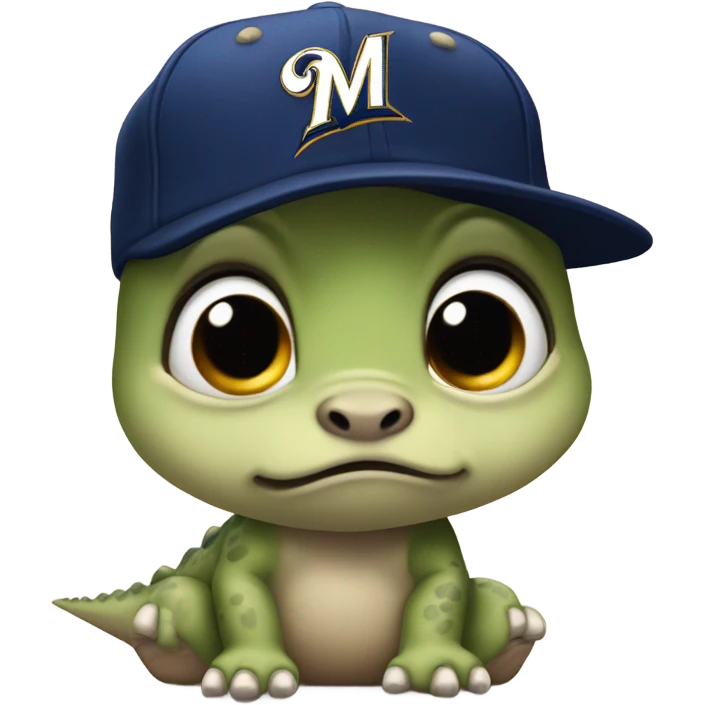 Sad baby dinosaur wearing a Milwaukee brewers hat  emoji