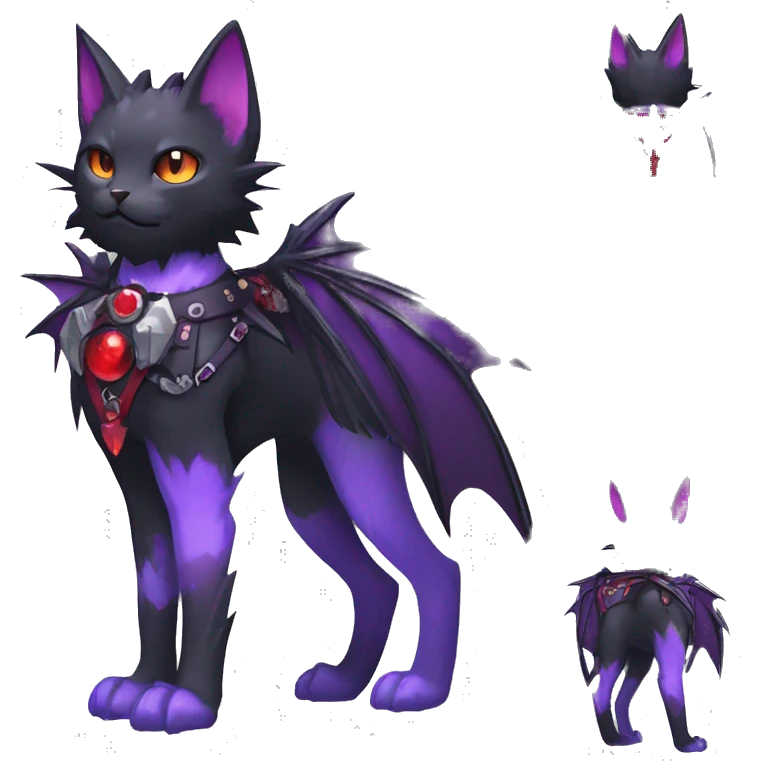 cool edgy black punk purple red ethereal fantasy nargacuga-bat-cat-Fakemon collar harness full body emoji
