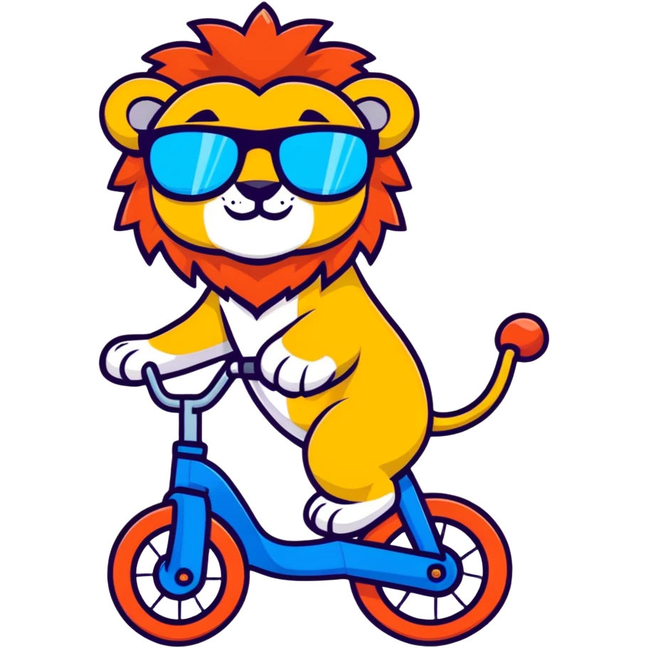 lion riding a bike with sunglasses, cartoon sticker style emoji