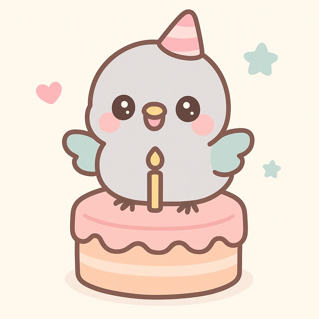 baby pigeon standing on birthday cake, joyful expression, pastel tone soft illustration emoji