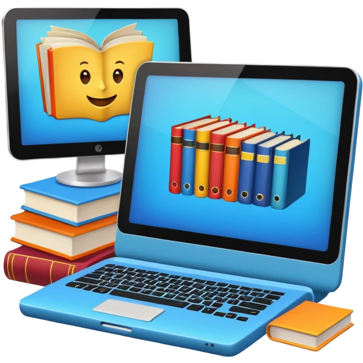 digital educational project, computer and books emoji