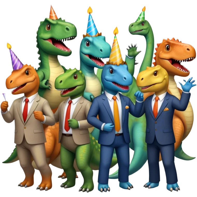 office dinosaurs in office suits celebrating birthday emoji