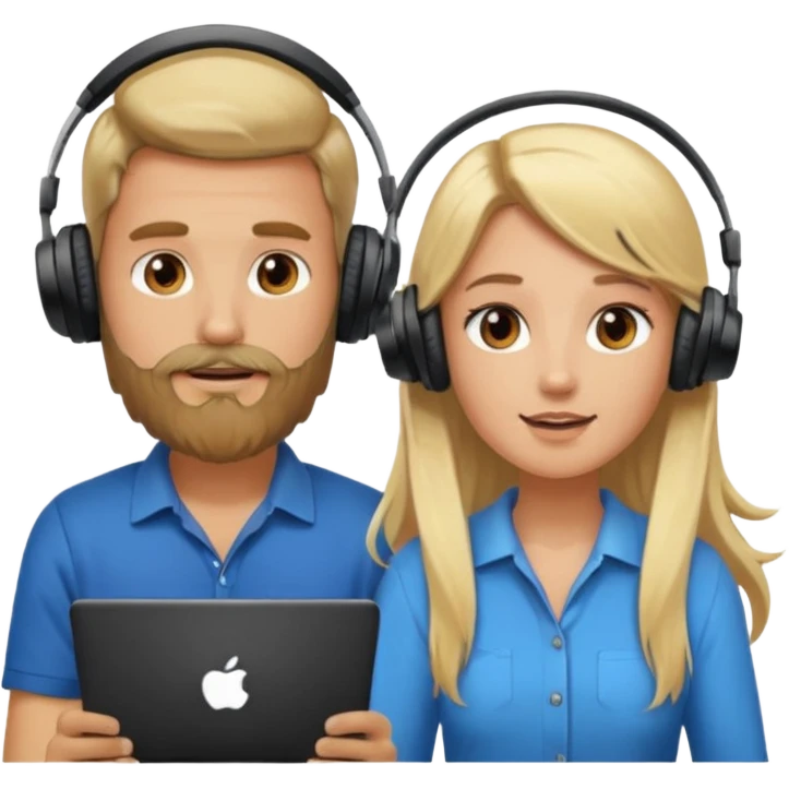 pareja hombre con barba y mujer rubia  pelo largo  charlando en streaming con auriculares emoji