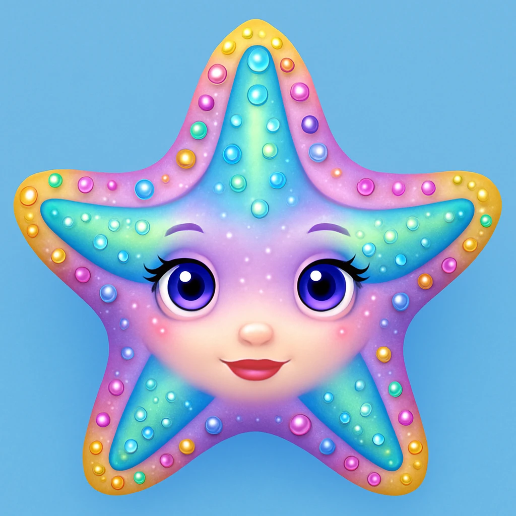 Add a soft blue background behind the apple emoji style rainbow pastel sea star with gems, keep the emoji style and all details. The style should resemble the original apple emoji style with rainbow pastel colors and gem details. emoji