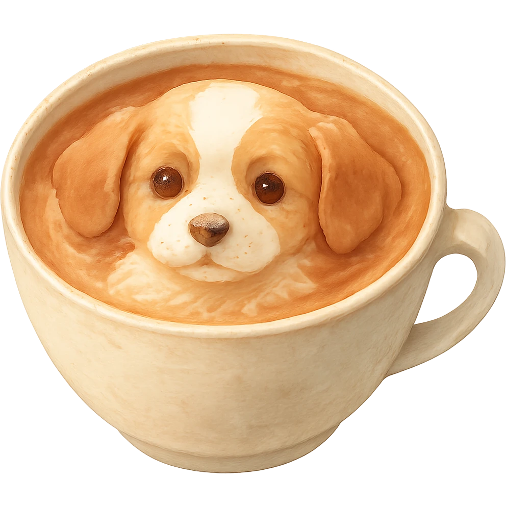 Create a realistic dog latte with realistic texture, gentle lighting, and pastel colors. The image should have no background. Use a realistic style with soft pastel tones and gentle lighting to emphasize the texture and warmth of the latte. emoji